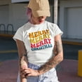 thumbnail image 2 of Merry, Merry, Merry Christmas Themed, Groovy Retro Wavy Text Merch Gift, White T-Shirt, XL, 2 of 5