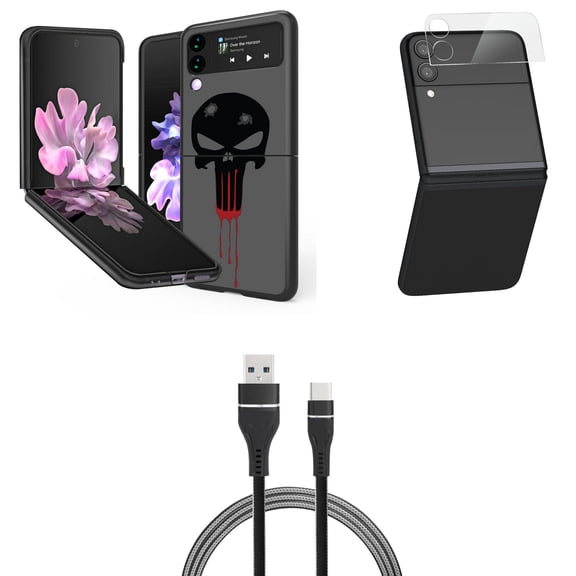 Bemz Premium Bundle for Samsung Galaxy Z Flip 3 5G: Slim Snap-On Protector Case (Bloody Skull), Rear Camera Glass Protector, Nylon Braided USB-C to USB-A Cable (3 Feet)