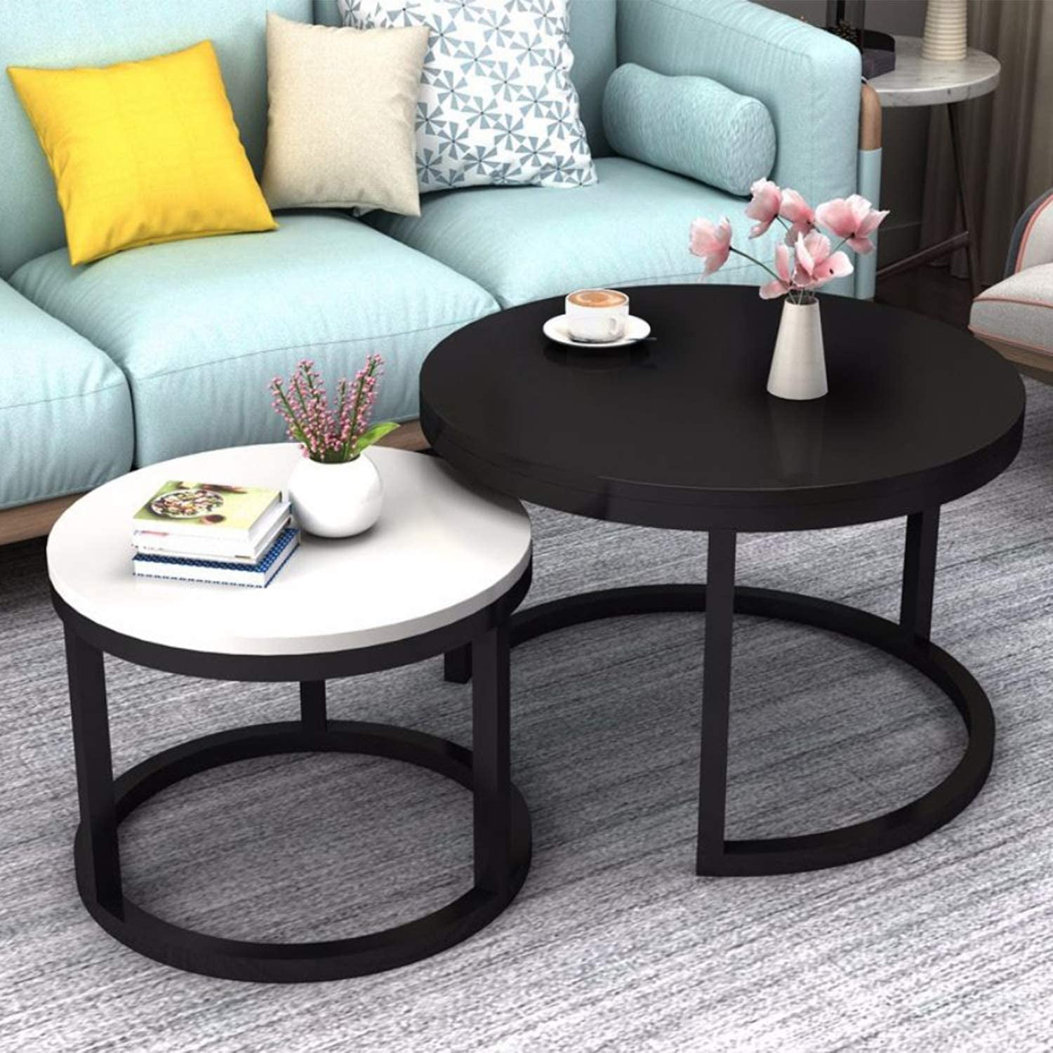 2 Round Tea Table Coffee Table Desk Sets | Black &amp; White - Twin Sets