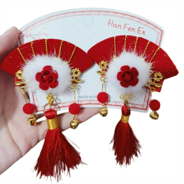 Diadema Hanfu estilo rojo para niños, horquilla antigua con borla, pinza para el cabello, accesorios para el cabello de Feliz Año Nuevo