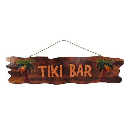 39 In. Hand Carved `Tiki Bar` Sign with Palm