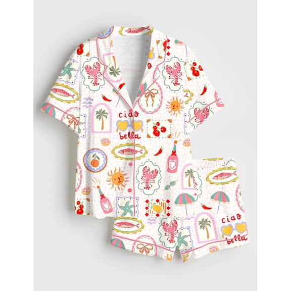 Women’s Ciao Bella Satin Pajama Set, Summer in Italy Sleepwear, Cute Short & Long Sleeve PJs, Lounge Pajamas Gift for Her