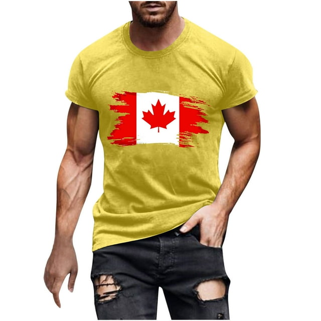 Pisexur T Shirts for Man , T-Shirt à Manches Courtes Col Rond Imprimé Drapeau Canadien pour Hommes - Jaune, m Chemises de Golf Hommes & Chemises Hommes