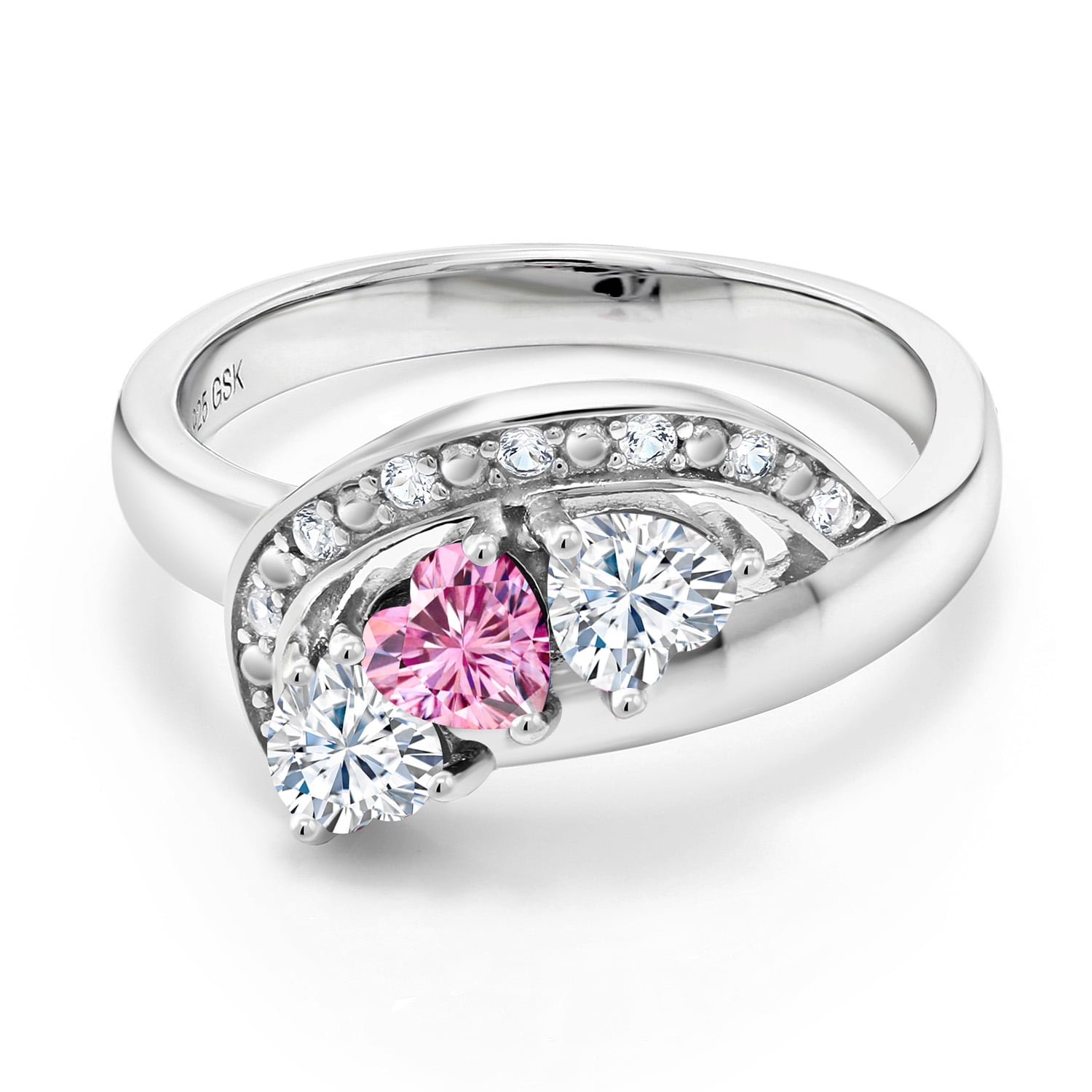 Gem Stone King 925 Sterling Silver Pink Moissanite and White Moissanite and White Created Sapphire Engagement Ring for Women (0.77 Cttw, Gemstone , Heart Shape 4MM, Size 5)