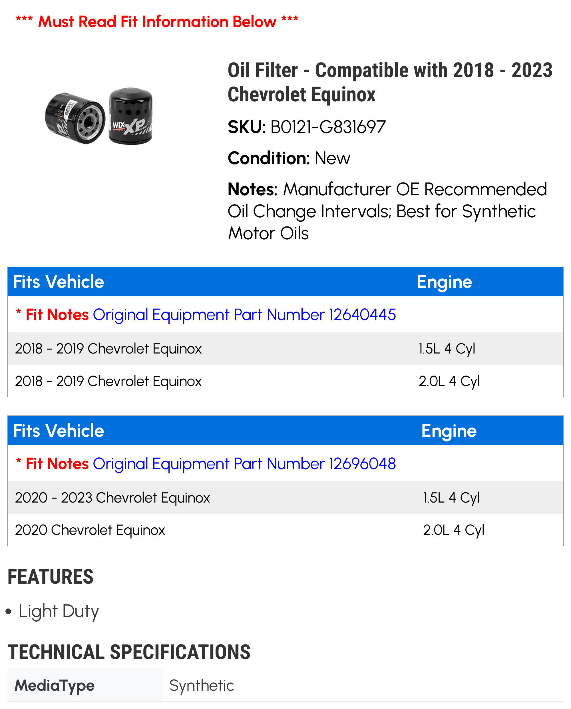 Oil Filter - Compatible with 2018 - 2023 Chevy Equinox 2019 2020 2021 2022