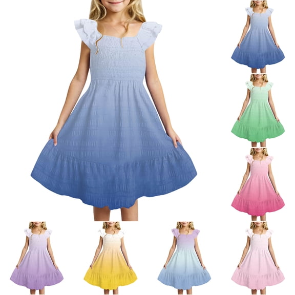 WUANDIXFA Girls Summer Dresses Cute Double Layer Ruffle Sleeve Smocked Flowy Dress 6-15 Years (Pink, 15-16 Years)