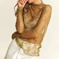 thumbnail image 4 of Yellow Long Sleeve Shirts for Women's 2026 Mesh Crop Top Long Sleeve Mock Neck Lace Floral See Through Y2K Shirt Blouses Fashion Clothing, 4 of 5