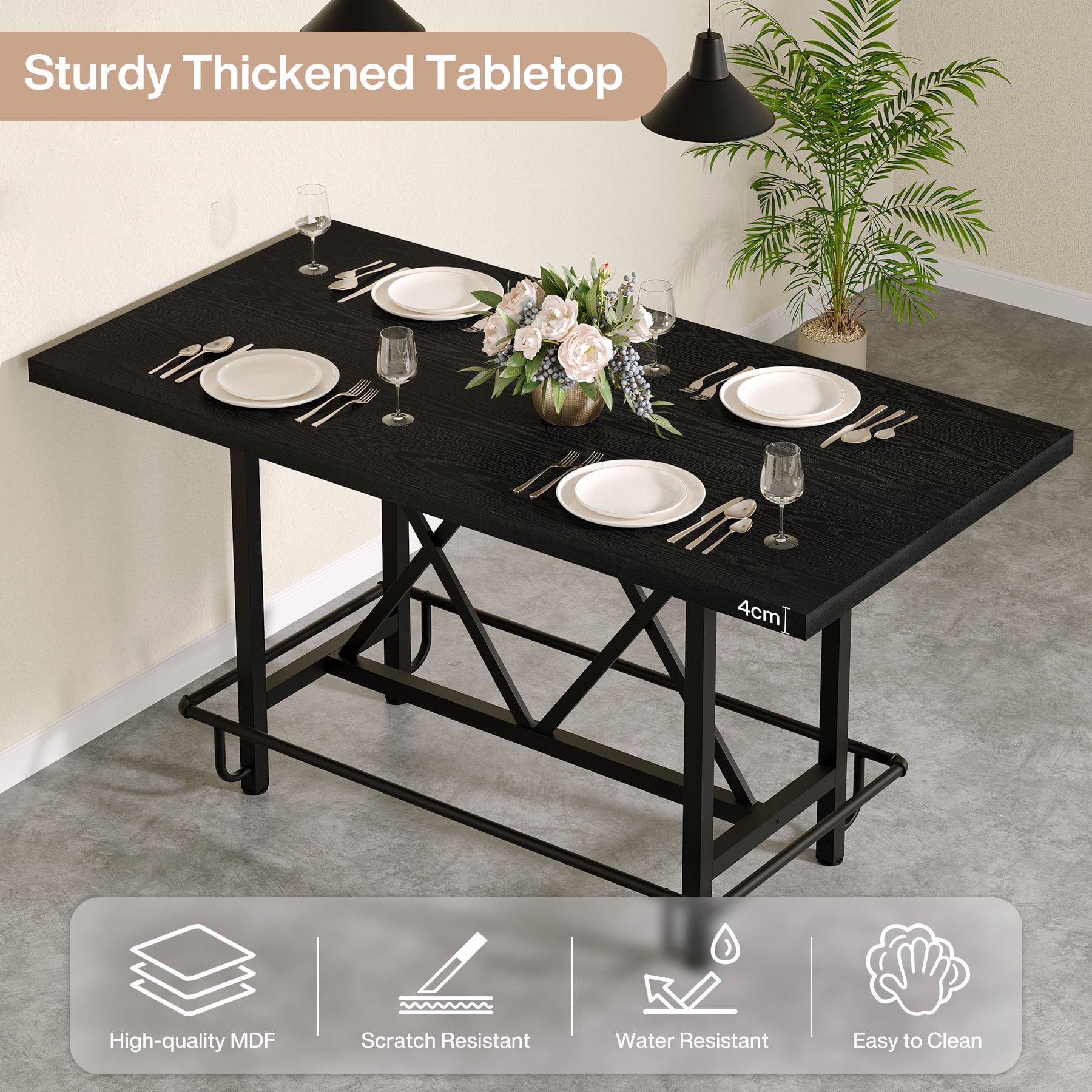 Fnova 35.4" Tall Dining Table, Rectangular Counter Height Kitchen Table with Metal Footrest for 6 People