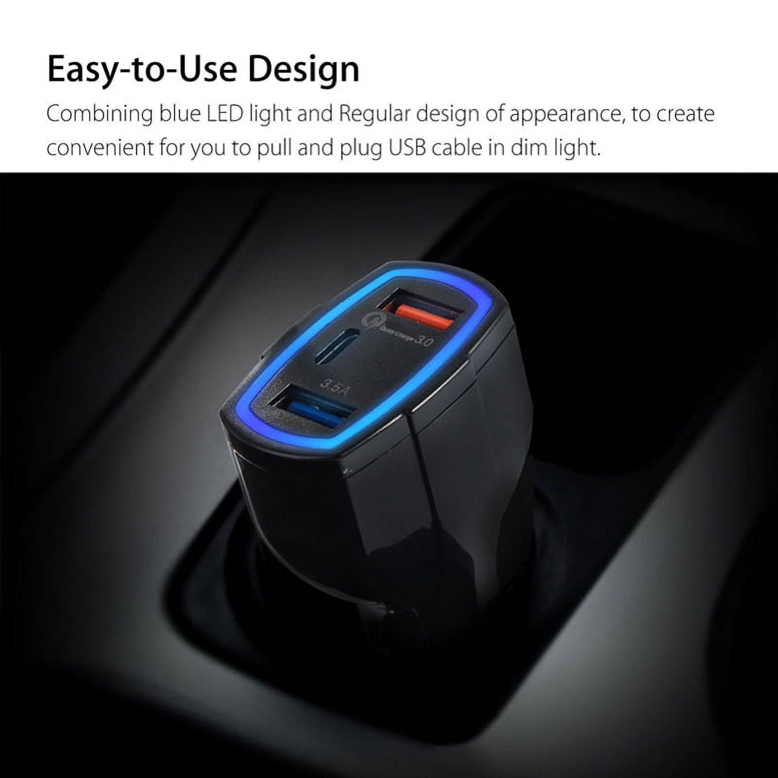 Type-C Retractable USB Cable w 3-Port USB 48W Quick Car Charger L5J for Motorola Moto Z Force Droid X4, Revvlry Plus, G7 Power Play G6 - Nokia 3.1, 7.1, 8, Plus - OnePlus 5T, 6, 6T, 7 Pro