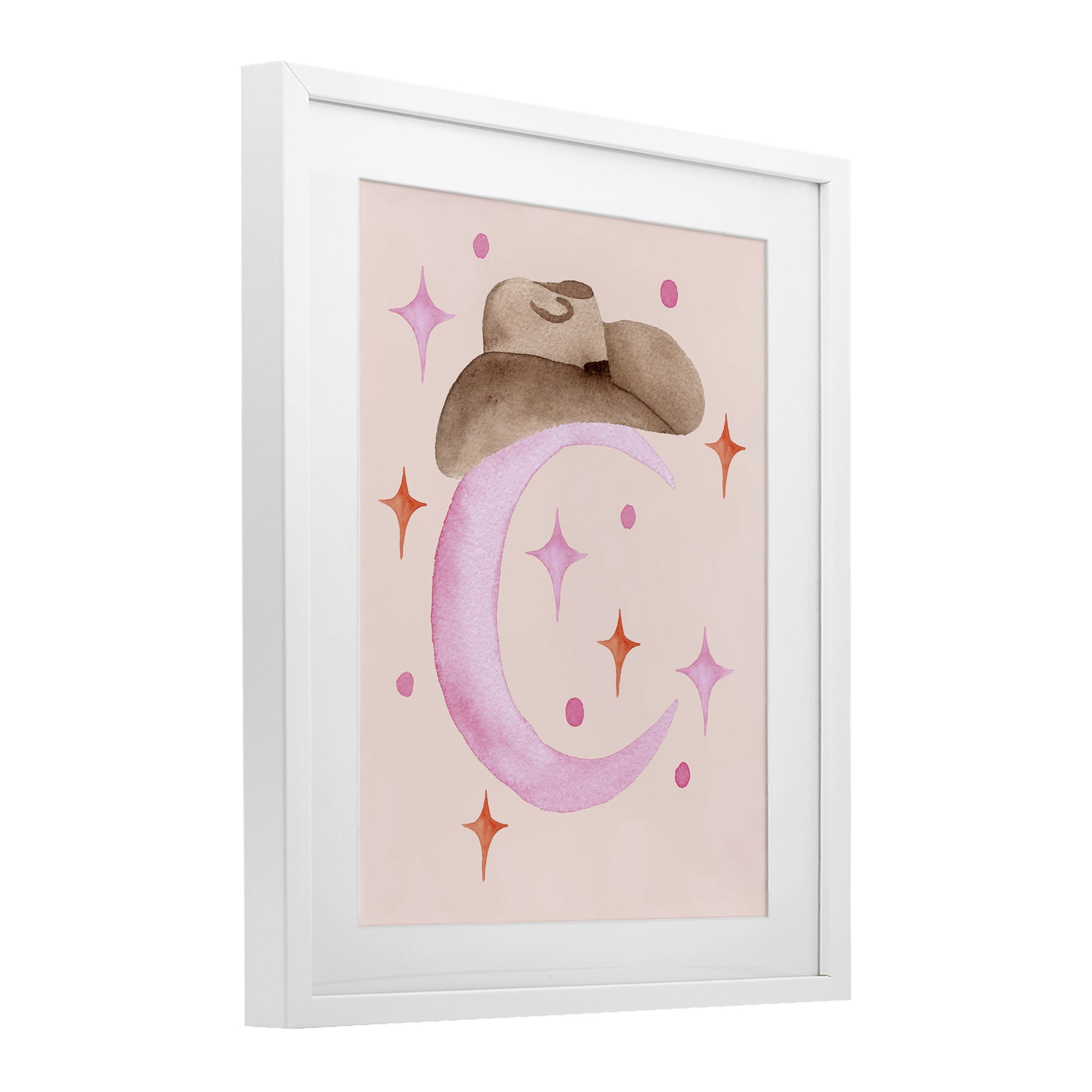 Moon Cowgirl Hat White Framed Print Under Glass, design by Nina Jacobs