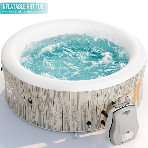 Seizeen Inflatable Hot Tub for 6-8 Person, Outdoor Blow Up Hot Tub 80'' Round Wood Grain, Multifunctional Portable Home SPA with 140 Bubble Jets, Heating & Filtration System, Cover