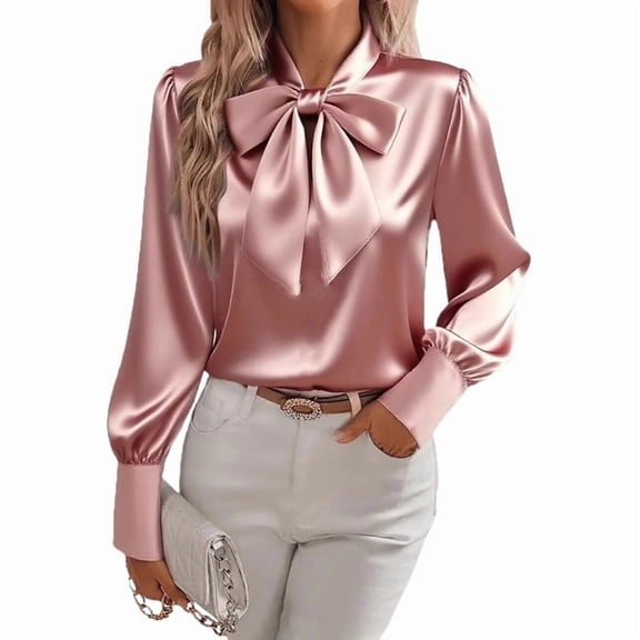Women'S Casual Versatile Elegant Bow-Tie Satin Long-Sleeve Office and Business Shirt Pink S