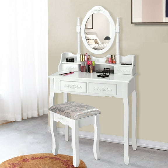 Costway Adult Modern Glamorous 360 Degree Rotating Mirror Dressing Table set White