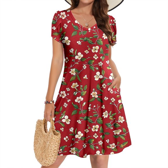 Vetsdori Mini Dresses for Women Short Sleeve Casual Sundress Summer Beach V-Neck Tunic,Party Outfits Juniors Dress Floral Print
