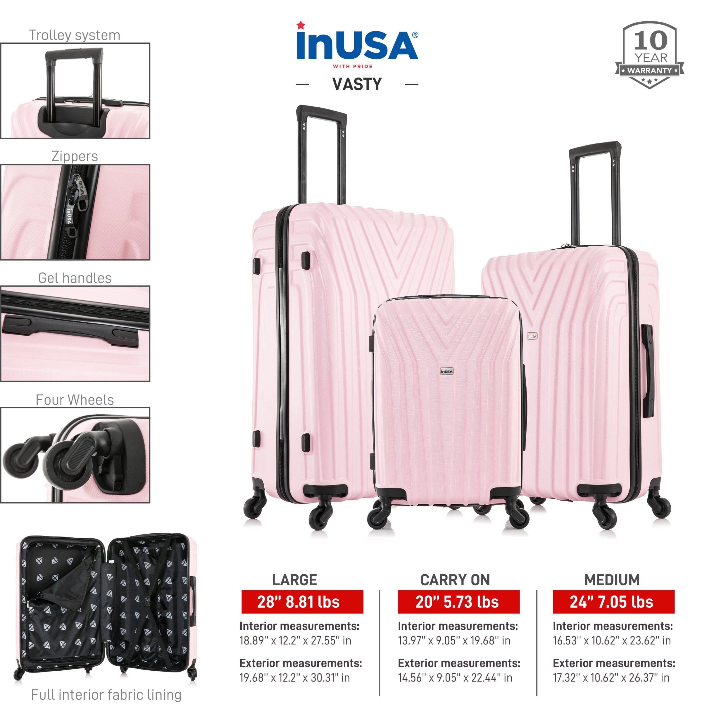 InUSA Vasty 3-Piece Hardside Luggage Sets with Spinner Wheels, Handle, and Trolley, (20"/24"/28"), Pink
