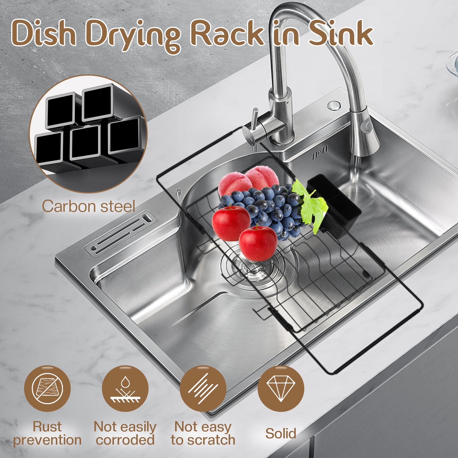 FKSZLL Expandable Dish Drying Rack in Sink Carbon Steel Dish Drain Rack Over Sink, Sink Dish Drainer for Kitchen Counter with Cutlery Holder, 16"~24.4" x 12.8" x 3.9"