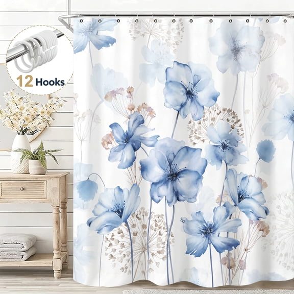 Watercolor Flower Fabric Elegant Blue Floral Shower Curtain, Stunning Floral Shower Curtain Set for Bathroom, Waterproof Cloth Fabric with Hooks Home Bathroom Decor Shower Curtain, 36*72in