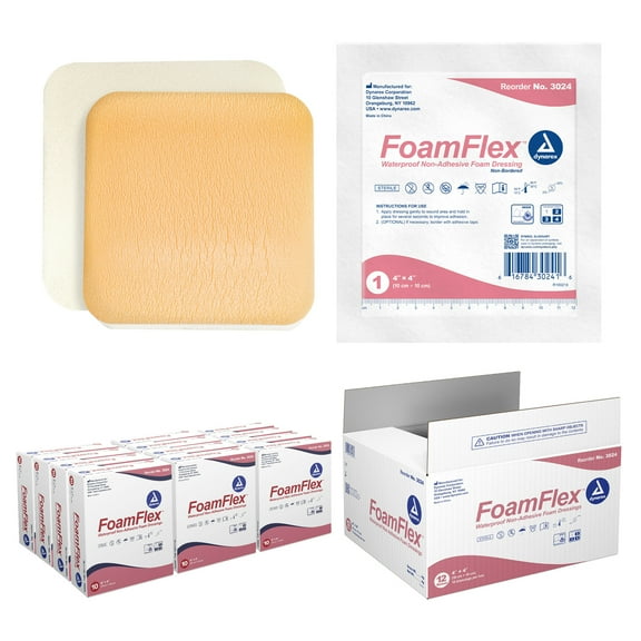 Dynarex FoamFlex Non-Adhesive Waterproof Foam Dressings - 4" x 4", Breathable and Highly Absorbent Foam Dressings for Wounds, 12 Boxes of 10