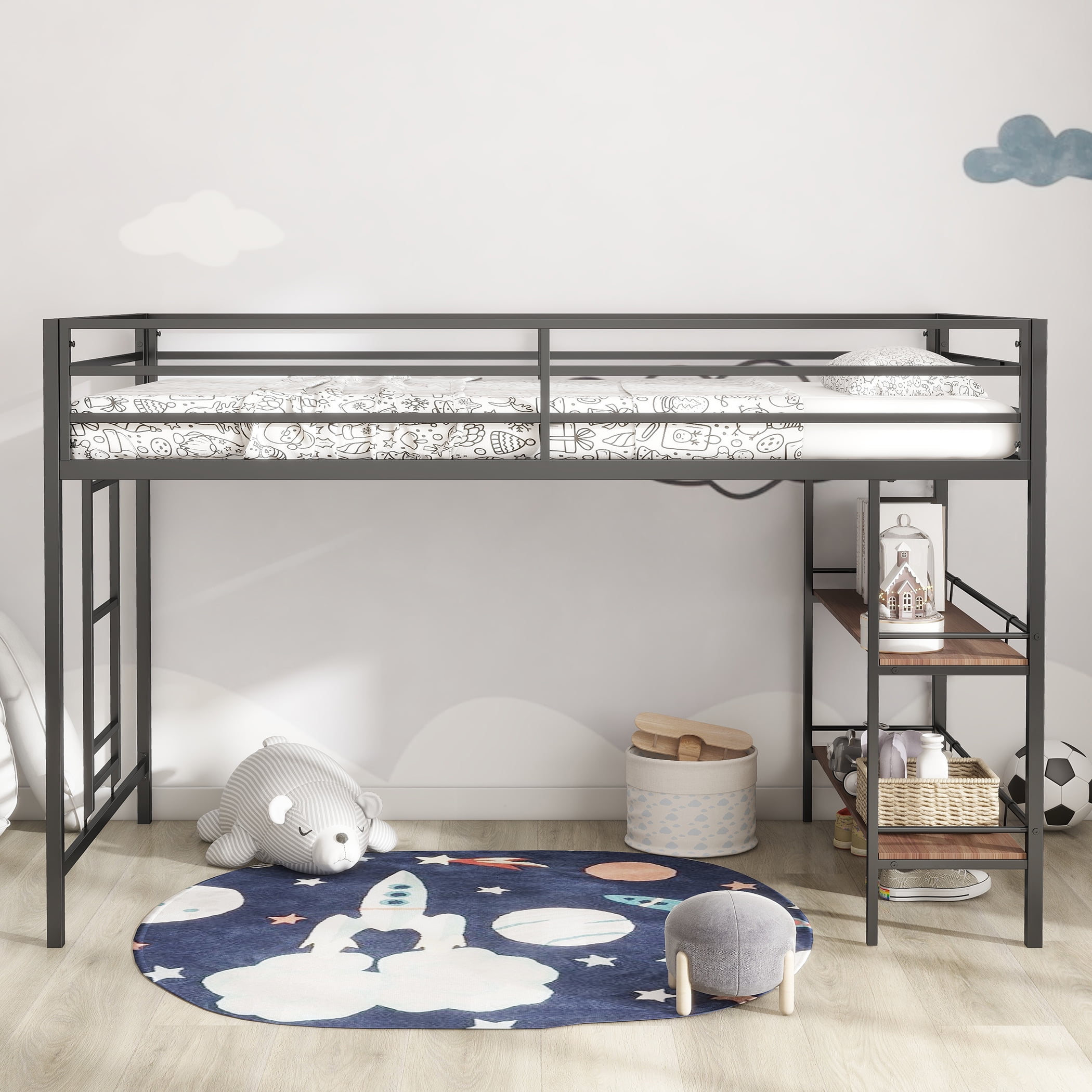 Miniyam Modern Metal Twin Size Loft Bed with Desk for Kids and