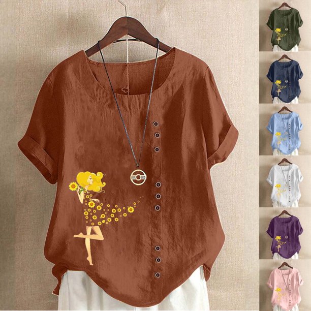 Fiudx Ofertas Flash Del Día Top de Manga Corta con Cuello Redondo y Botones Regulares con Estampado Sexy de Verano para Mujer