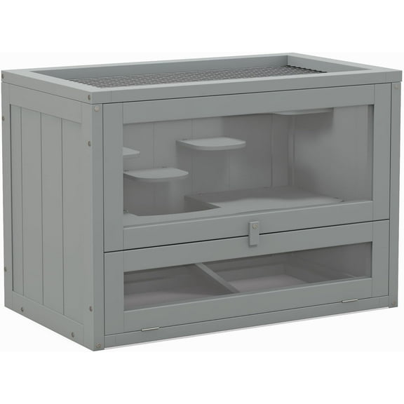 Sptwo 2-Level Hamster Cage Mice and Rat House, Small Animal Habitat for Guinea Pigs, Chinchillas with Openable Top, Front Door, Shelf and Ladder, Gray