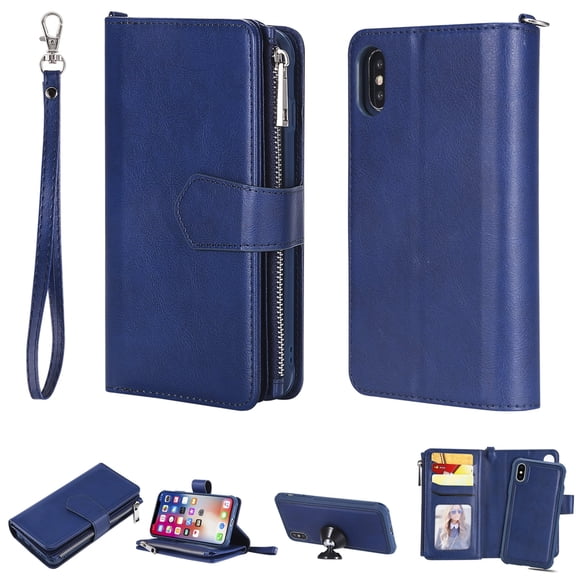iPhone XS Max Wallet Case, iPhone XS Max Stand Cover, Allytech Premium PU Leather Wallet Purse Zipper Pocket With 6 Card Slots, Detachable Magnetic Back Case for Apple iPhone XS Max, Blue