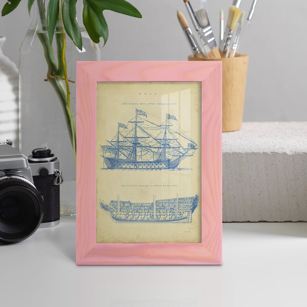 Vintage Ship Blueprint -Framed Print w/glass-Sunset Pink