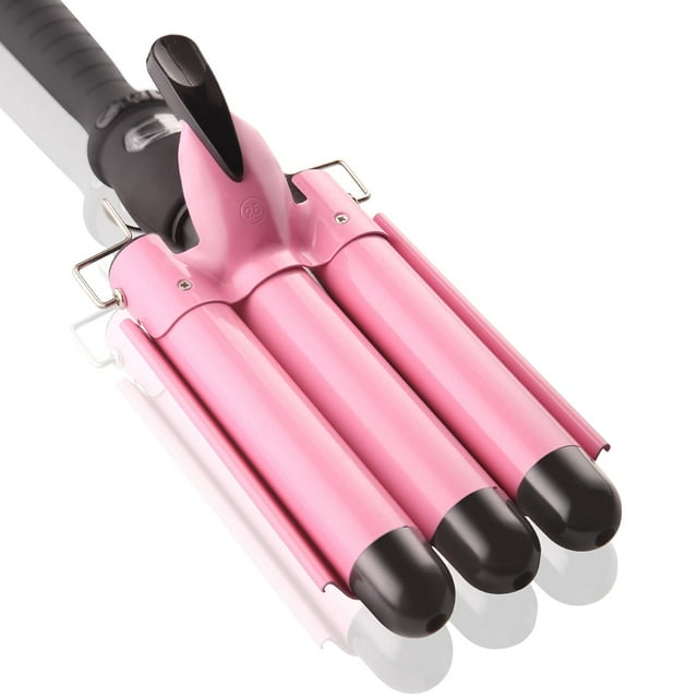 3 Barrel Curling Iron Wand Dual Voltage Hair Crimper With Lcd Temp Display - 1 Inch Ceramic Tourmaline Triple Barrels, Temperature Adjustable Portable Hair Waver Heats Up Quickly (Pink)