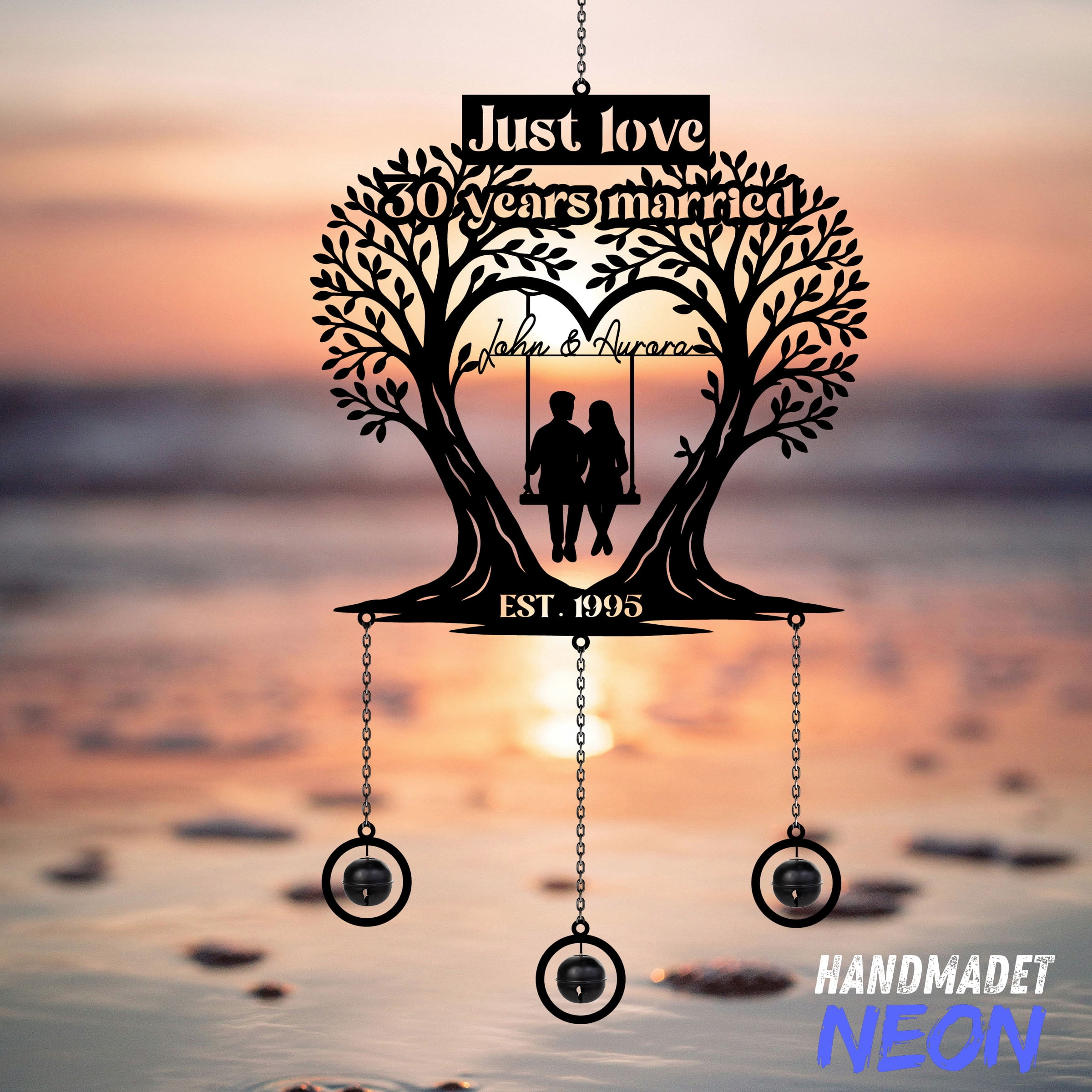 Handmadetneonsign 30th Wedding Anniversary Wind Chimes, Custom Couple Name Metal Sign 140182
