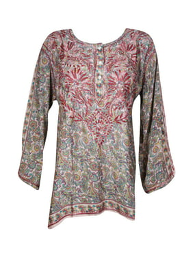 Mogul Women Boho Chic Pink Green Paisley Tunic Top Floral Embroidered Button Front Blouse XL