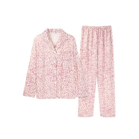 

Avamo Women Nightwear Long Sleeve Pajamas Sets Button Down Sleepwear Home Clothes Loose Lounge Set Two Pieces Outfits Lapel Pink Leopard Print 2XL