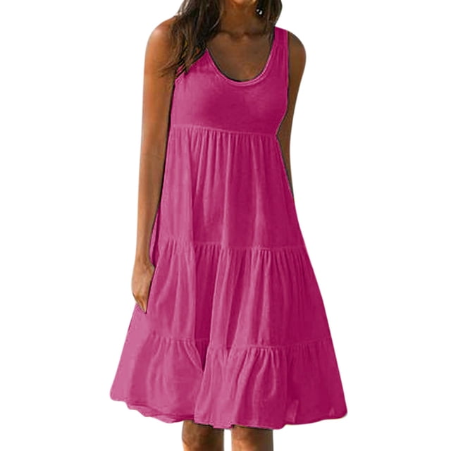 B91xZ Robe d'Été Sans Manches pour Femmes Col en V Décontractée Ample Fluide, Rose Vif TTG