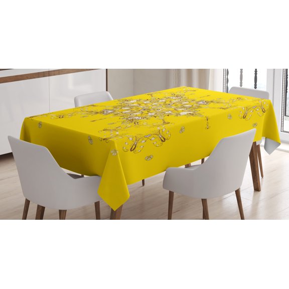 Yellow Damask Tablecloth, Oriental Arabesque Floral Elements Vibrant Color Spring Theme, Rectangular Table Cover for Dining Room Kitchen, 60 X 90 Inches, Yellow Brown and White, by Ambesonne