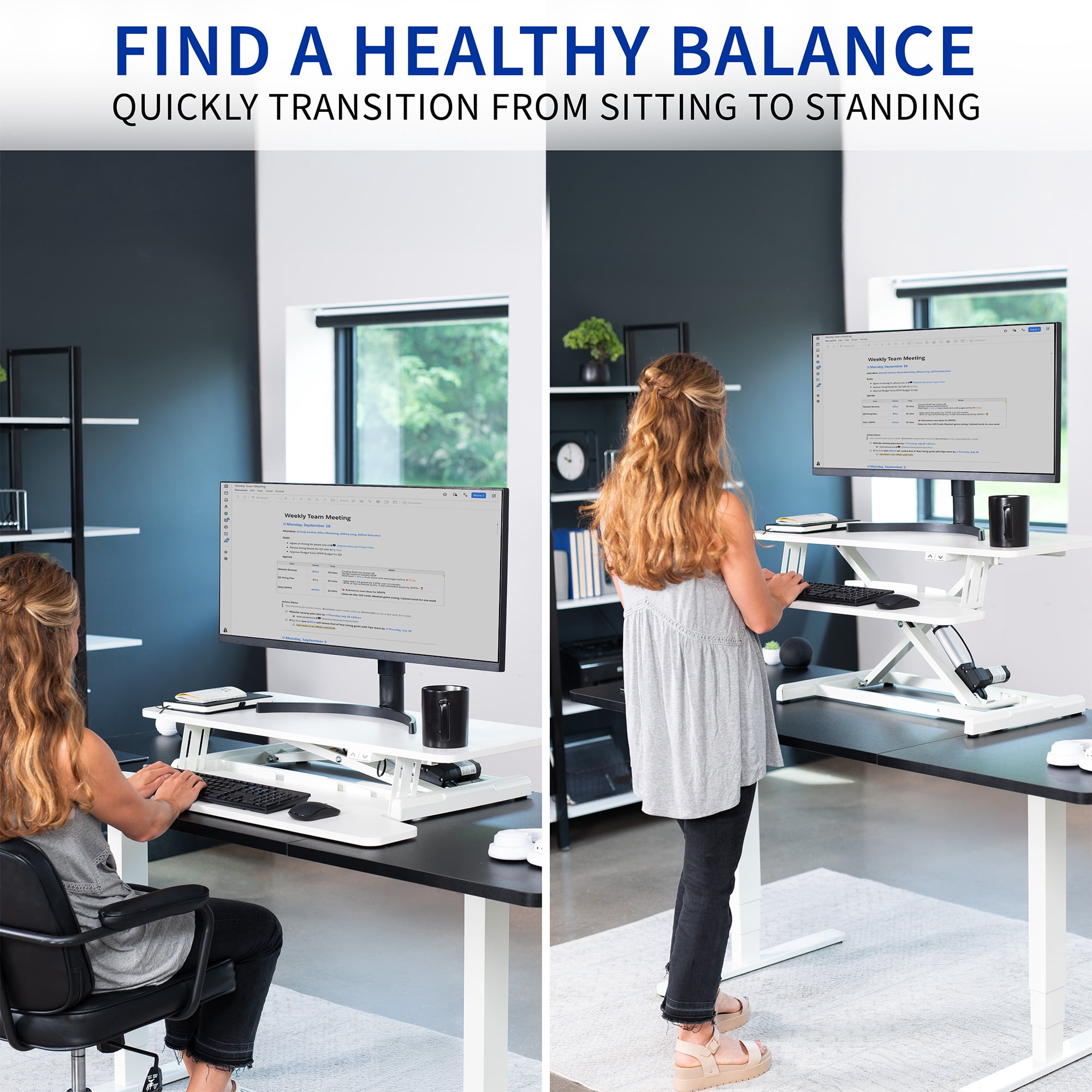 VIVO White Electric 36" Standing Desk Monitor Riser, Dual Arm Sit Stand Tabletop