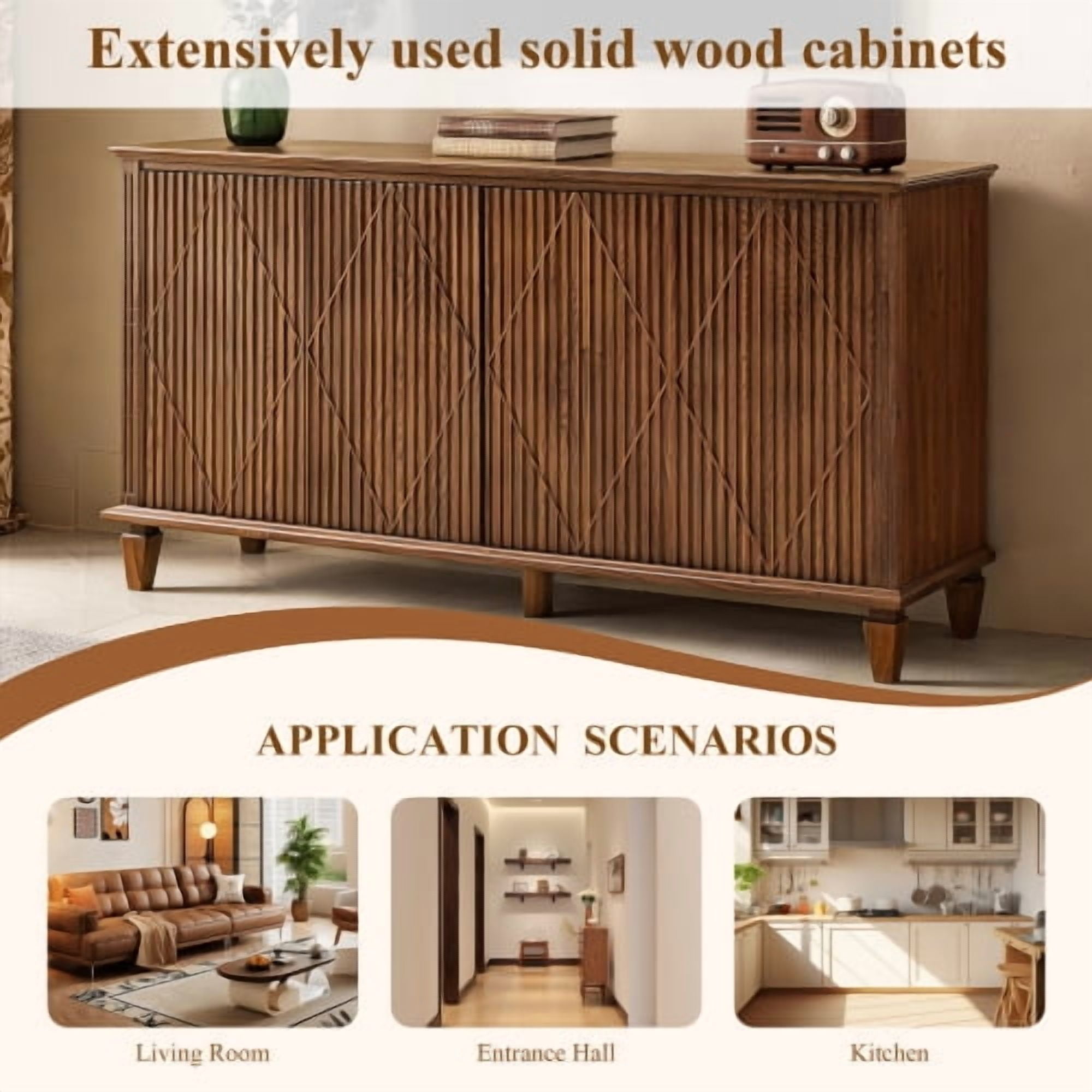 58" Mid Century Modern TV Stand with Carved Geometric Doors, Wood Storage Cabinet, 4-Door Media Console Sideboard for Living Room, Dining Room, Entryway, Walnut