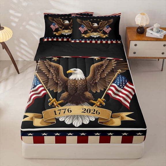 Manfei Bald Eagle Us Flag Zipper Twin Comforter Sets with Fitted Sheet and 2 Pillowcases,Red Stripes Zipper Bedding Set,Black,Black Reversible,4pcs