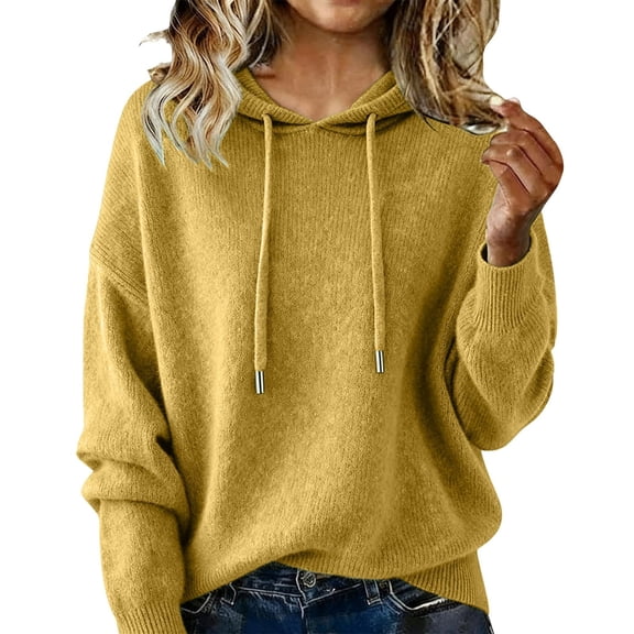 qucoqpe Womens Sweaters Casual Long Sleeve Knitted Hooded Pullover Top Drawstring Hoodies for Women