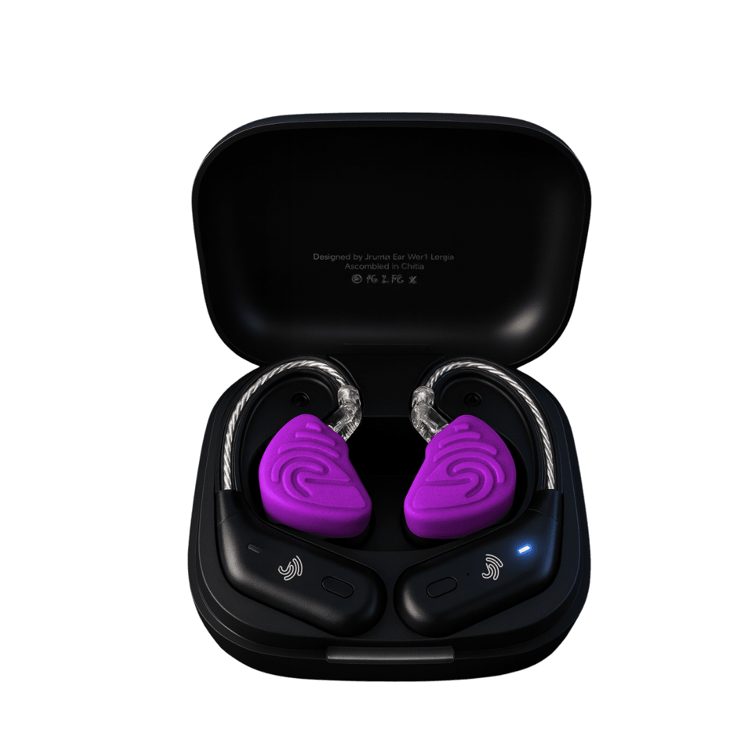 Jrumz XP02 True Wireless Bluetooth Earbuds with Microphone, Rechargeable Case, Replacement Eartips, Earhooks, Sweat-Resistant, Fast Charging, 48-Hour Playtime – Purple