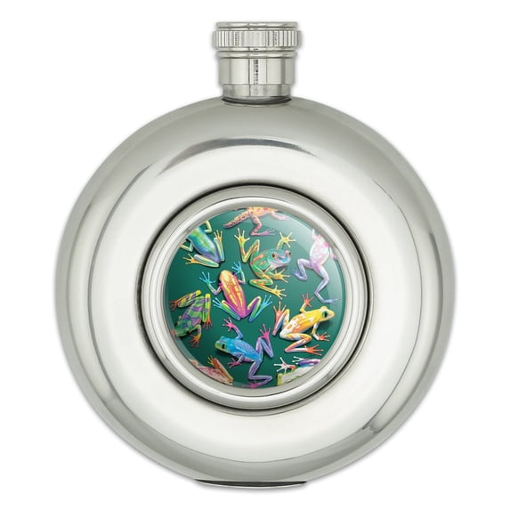 Rainforest Tree Frogs Rainbow Sticky Fingers Round Stainless Steel 5oz Hip Drink Flask