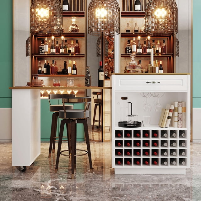U_Style-CA 73" Bar Cabinet & Bar Table with Extendable Countertop on Wheels, Wine Rack & Glass Holder, 1 Door, 5 Drawers & Side Storage, for Home Bar & Dining Room (Chairs Not Included)