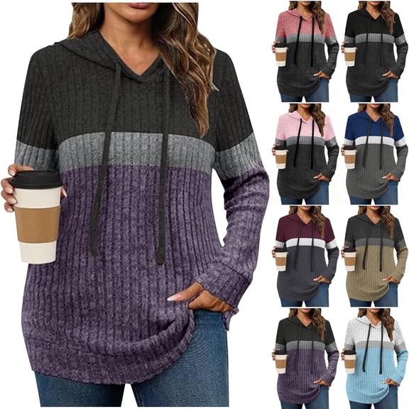 Womens Ribbed Knit Hoodie Sweatshirt Color Block Long Sleeve Pullover Shirts Lightweight Cozy Sweaters Fall Tops