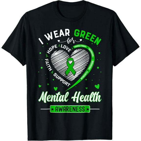Heart I Wear Green For Mental Health Awareness Month T-ShirtMen and women can wear, black T-shirts, gifts. Age: M,L,XL 2XL, 3XL, 583XL