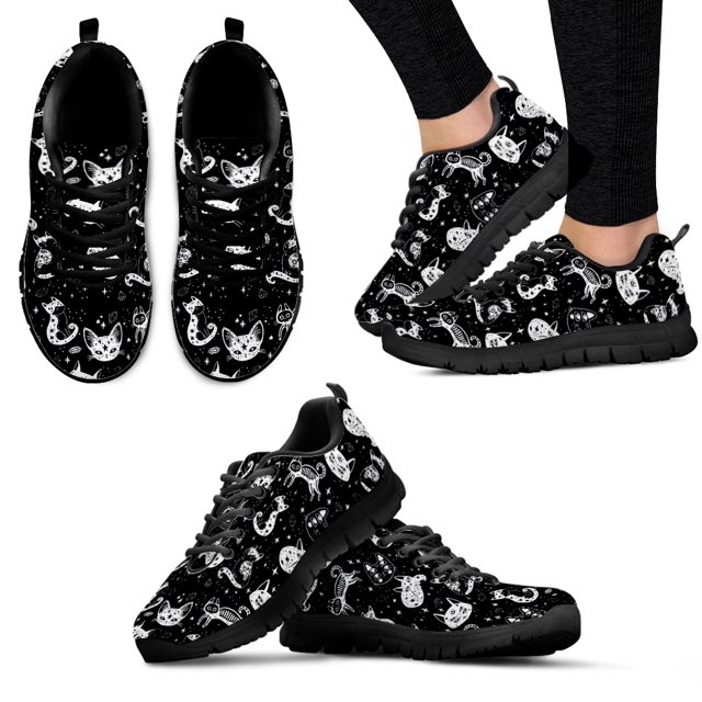 Zapatillas cómodas de marca con diseño de gatito/gato negro de dibujos animados, zapatillas blancas con cordones, zapatillas casuales planas para mujer