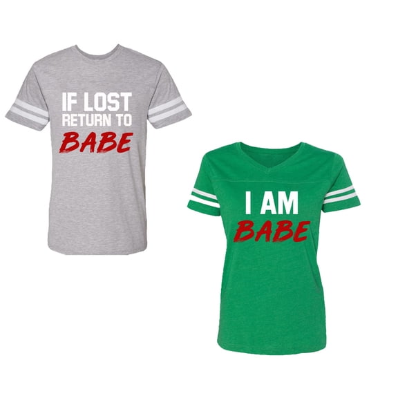 IF Lost Return To Babe I am BabeUnisex Couple Matching Cotton Jersey style T-Shirt Contrasting stripes on sleeves (Men Heather / Women Green) (Men S / Women S)