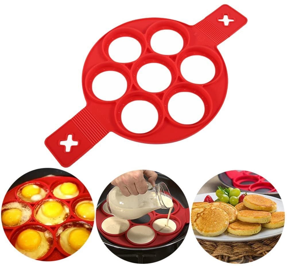 Pancake Molds Silicone Cake Mold Dishwasher Safe 7 Circles (Red)，JUN