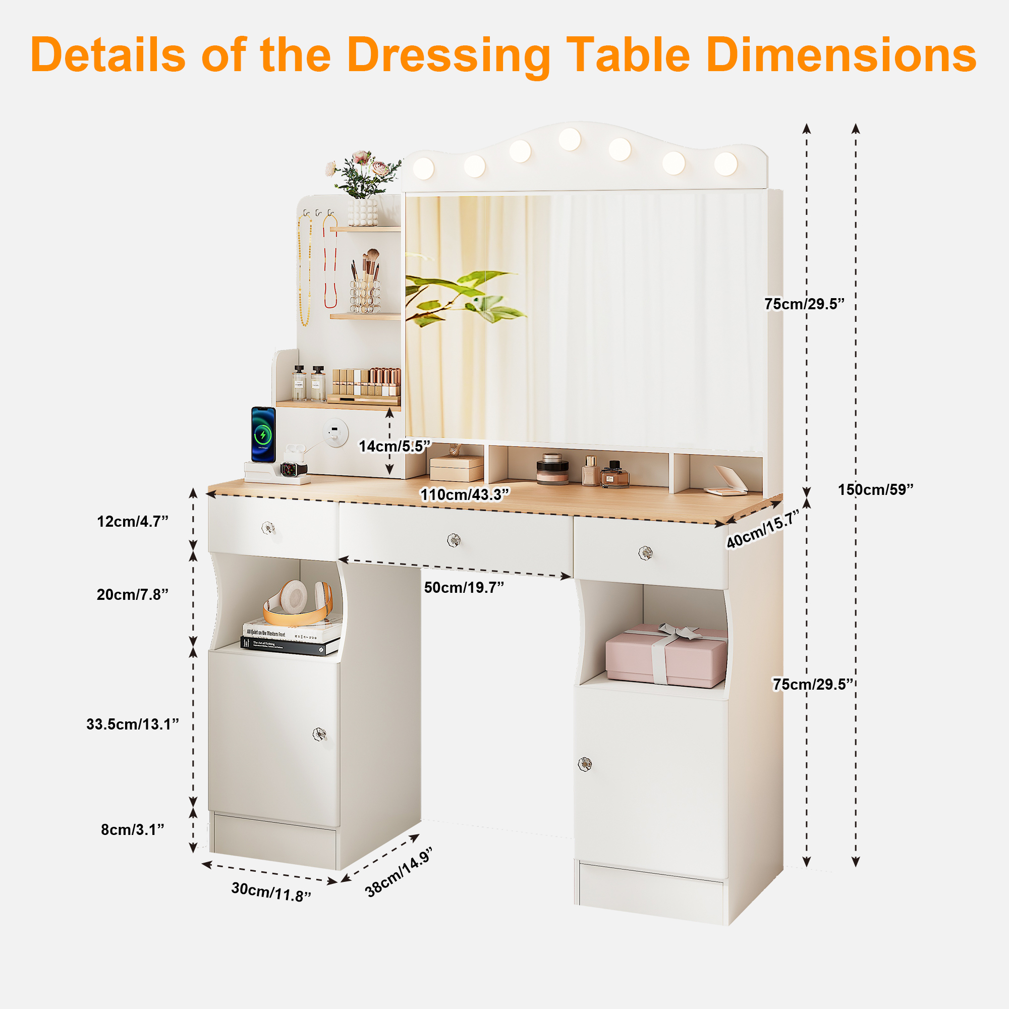 Alvantor Vanity Desk with Tri-Fold Mirror and LED Lights, Makeup Table for Adults with USB Ports and Drawers, White
