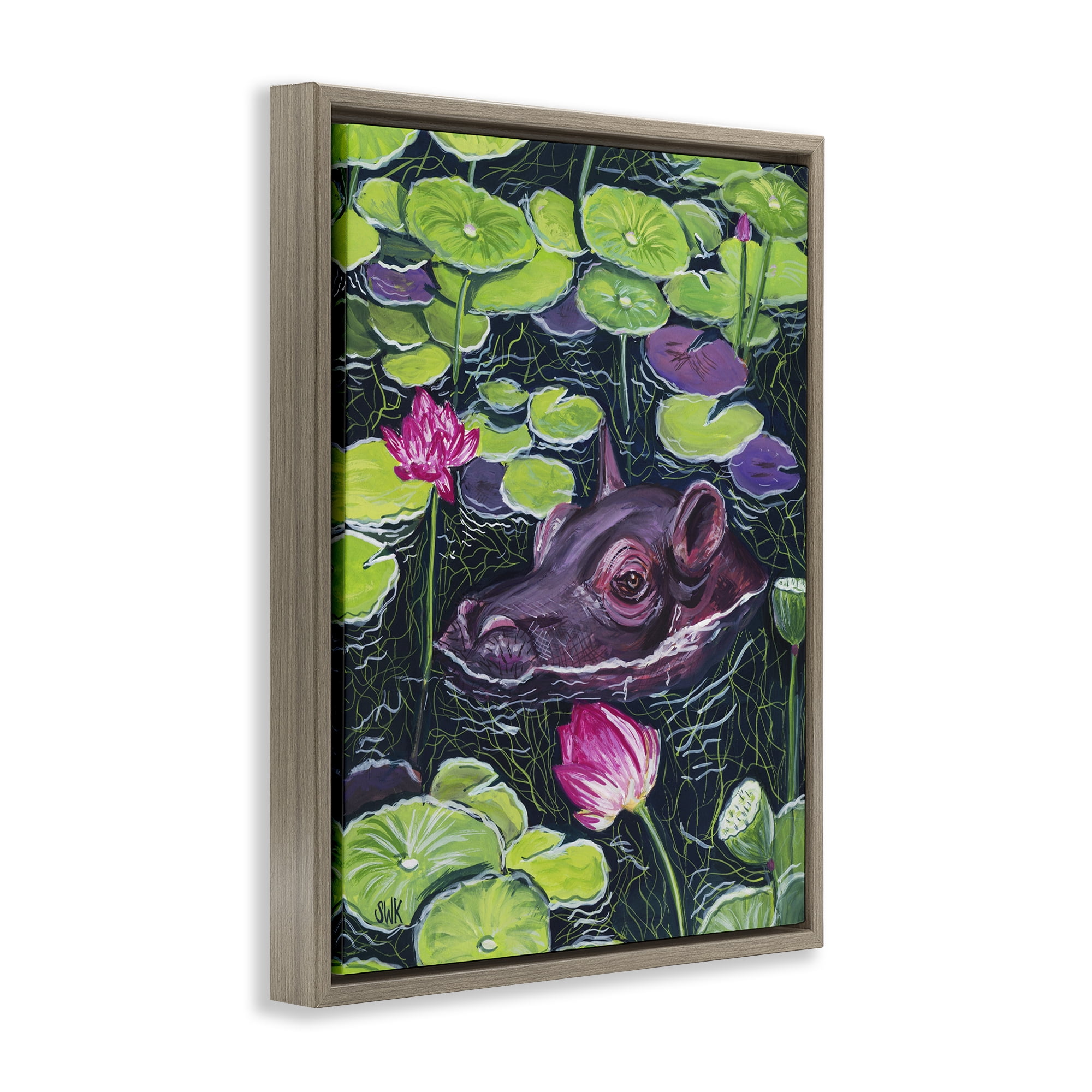 Stupell Industries Hippo & Blossoms Pond Brown Framed Floater Canvas Wall Art, design by Sarah Waldron Kimball