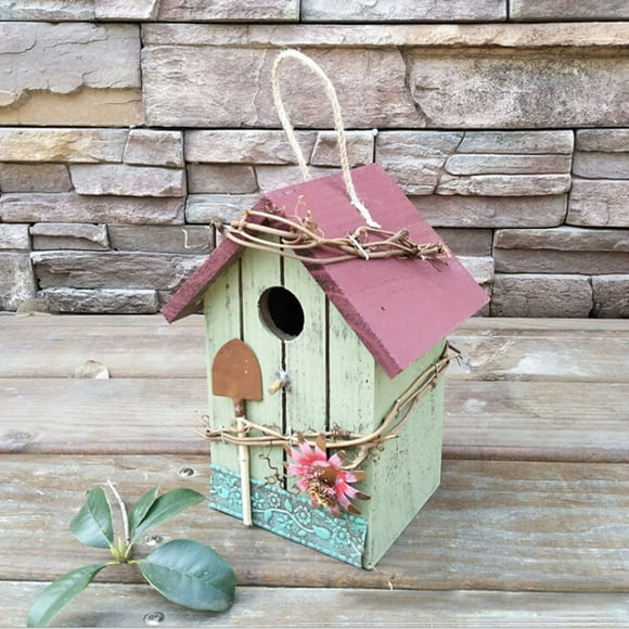 Wooden bird house log cabin bird nest outdoor pendant decoration country pastoral style crafts - vertical red roof (purely decorative ornaments, not used as a bird house)