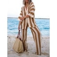 thumbnail image 2 of Women's Knit Crochet Loungewear Set, Stripe Print Half Sleeve V-Neck T-Shirt + Wide Leg Pants, 2 of 6