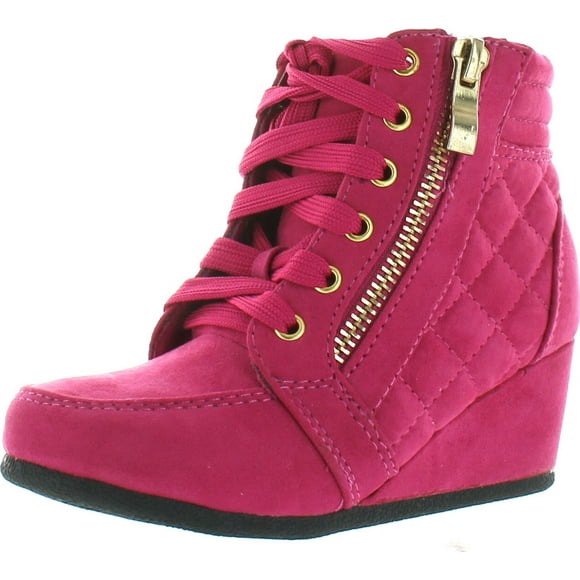 Link Peggy-63K Children Girl's Wedge Heel Lace Up Diamond Shape Quilted Sneakers,Fuchsia,4